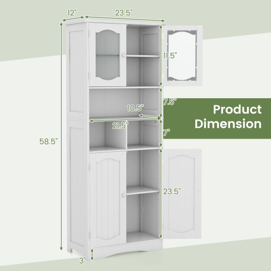 58.5 Inch Freestanding Linen Bathroom Storage Cabinet with Frost Glass Doors-White