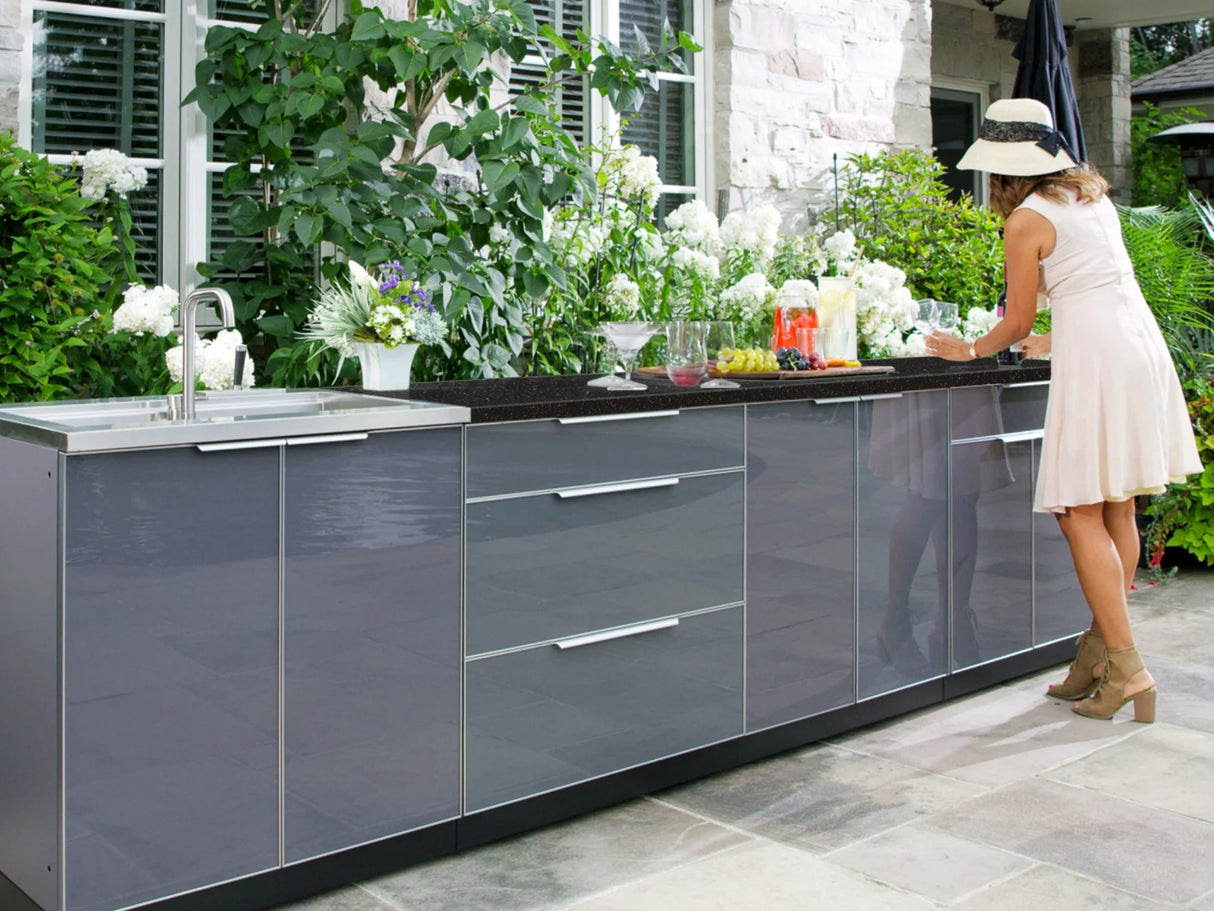 Outdoor Kitchen Aluminum 5 Piece Cabinet Set with 3-Drawer, 2-Door Cabinet, Countertops and Fridge