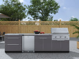 Outdoor Kitchen Aluminum 7 Piece Cabinet Set with 3-Drawer, Bar, Grill Cabinet, Performance Grill, Countertops and Stainless Steel Door Fridge