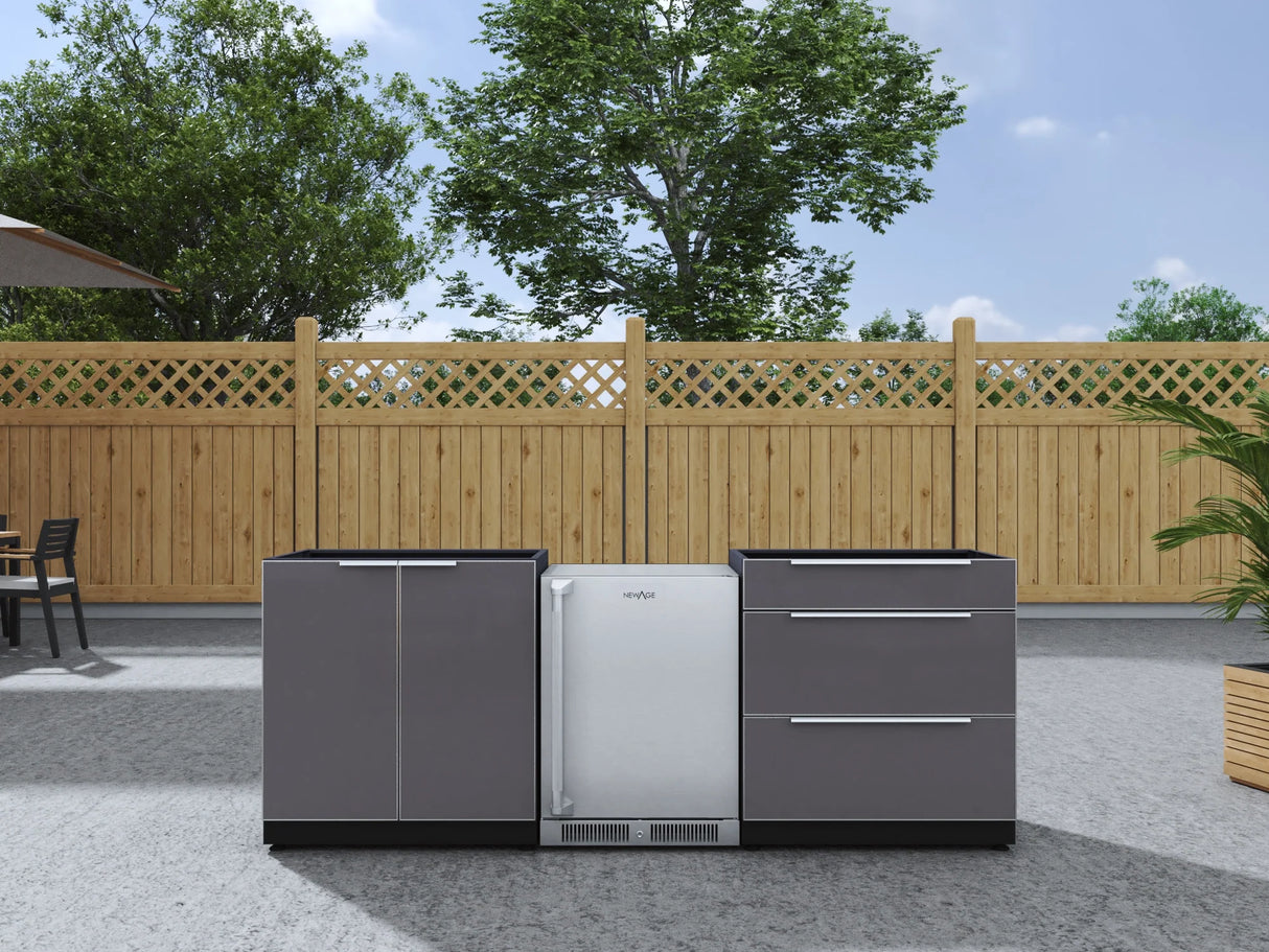 Outdoor Kitchen Aluminum 3 Piece Cabinet Set with 3-Drawer, 2-Door Cabinet and Fridge