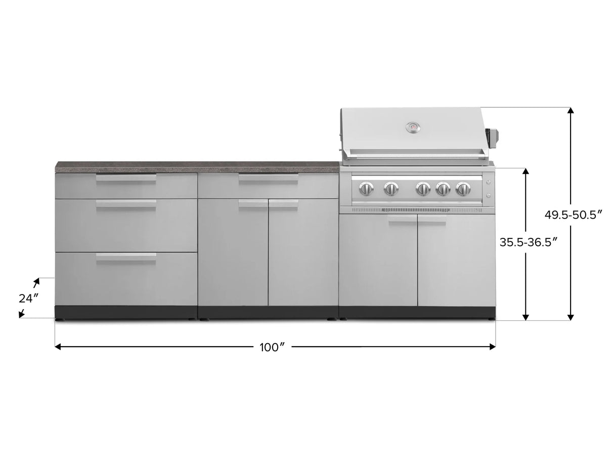 Outdoor Kitchen Stainless-Steel 5 Piece Cabinet Set with with 3-Drawer, Bar, Grill Cabinet, Platinum Grill and Countertop