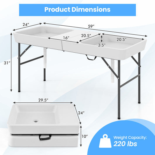 5 FT Folding Ice Cooler Table with Double Sinks for Camping Party Picnic Wedding-White