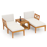 5 Pieces Acacia Wood Patio Chaise Lounge Chair Set with Ottoman and Cushions-White