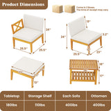 5 Pieces Acacia Wood Patio Chaise Lounge Chair Set with Ottoman and Cushions-White