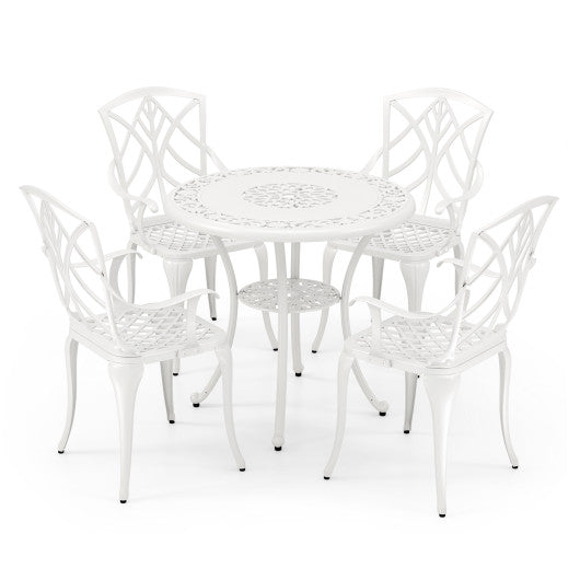5 Piece Patio Cast Aluminum Dining Table Chair Set Bistro Set with Umbrella Hole-White
