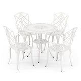 5 Piece Patio Cast Aluminum Dining Table Chair Set Bistro Set with Umbrella Hole-White