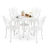 5 Piece Patio Cast Aluminum Dining Table Chair Set Bistro Set with Umbrella Hole-White
