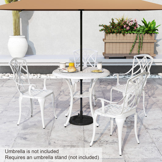 5 Piece Patio Cast Aluminum Dining Table Chair Set Bistro Set with Umbrella Hole-White