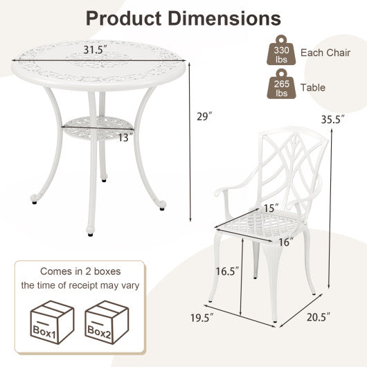 5 Piece Patio Cast Aluminum Dining Table Chair Set Bistro Set with Umbrella Hole-White