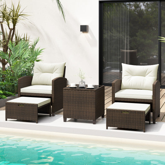 5 Pieces Patio Rattan Furniture with 2 Ottomans and Tempered Glass Coffee Table-Off White