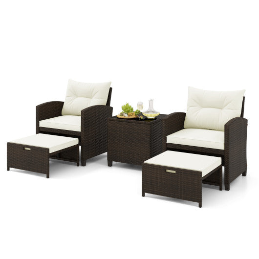 5 Pieces Patio Rattan Furniture with 2 Ottomans and Tempered Glass Coffee Table-Off White
