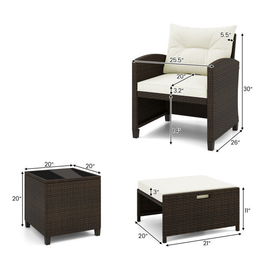 5 Pieces Patio Rattan Furniture with 2 Ottomans and Tempered Glass Coffee Table-Off White