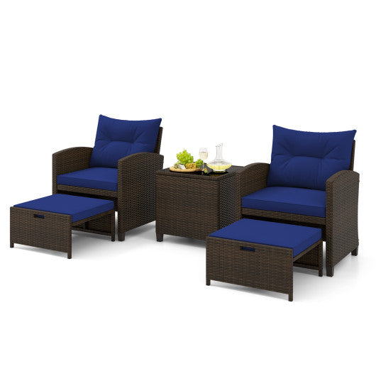 5 Pieces Patio Rattan Furniture with 2 Ottomans and Tempered Glass Coffee Table-Navy