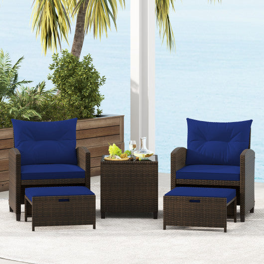 5 Pieces Patio Rattan Furniture with 2 Ottomans and Tempered Glass Coffee Table-Navy