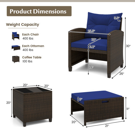 5 Pieces Patio Rattan Furniture with 2 Ottomans and Tempered Glass Coffee Table-Navy