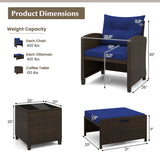 5 Pieces Patio Rattan Furniture with 2 Ottomans and Tempered Glass Coffee Table-Navy