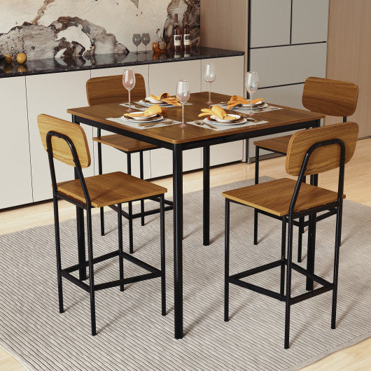 5-Piece Industrial Dining Table Set with Counter Height Table and 4 Bar Stools-Teak