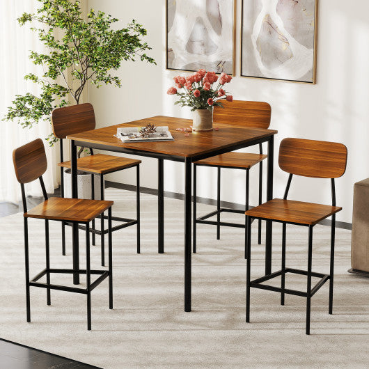 5-Piece Industrial Dining Table Set with Counter Height Table and 4 Bar Stools-Teak
