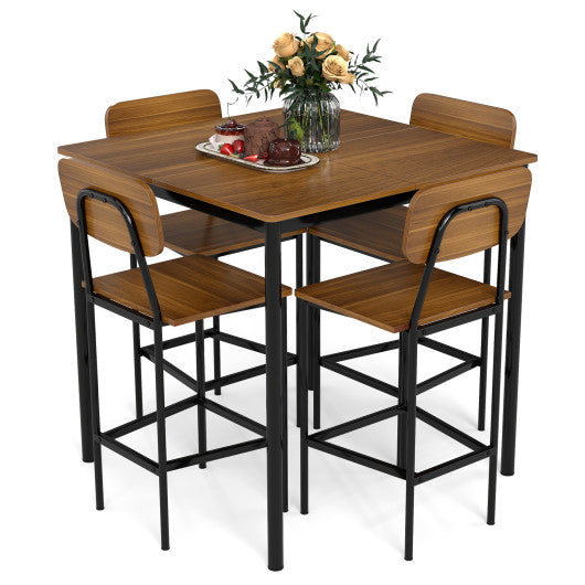 5-Piece Industrial Dining Table Set with Counter Height Table and 4 Bar Stools-Teak