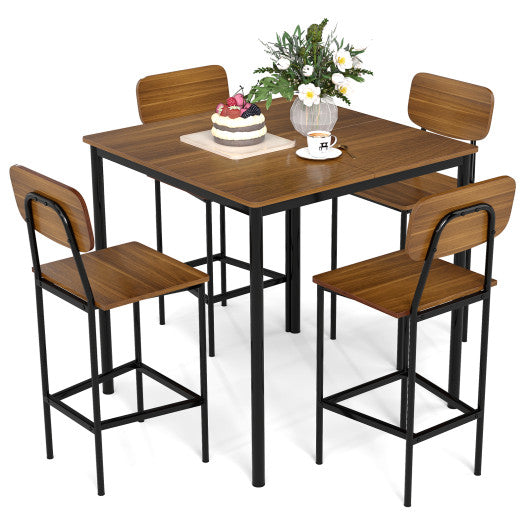 5-Piece Industrial Dining Table Set with Counter Height Table and 4 Bar Stools-Teak