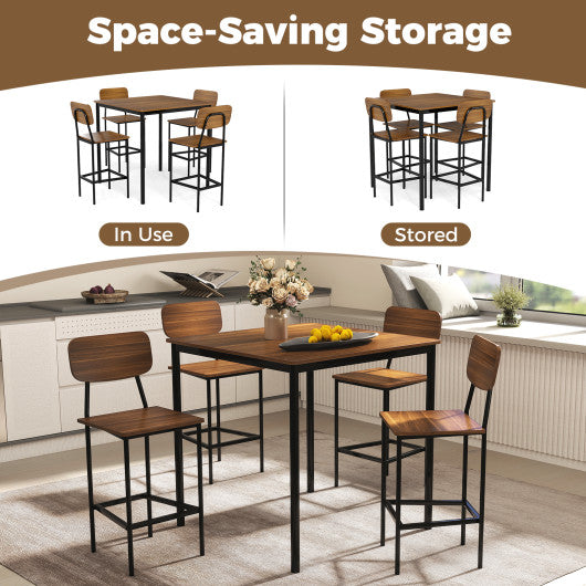 5-Piece Industrial Dining Table Set with Counter Height Table and 4 Bar Stools-Teak