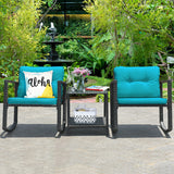 3 Pcs Wicker Rocking Bistro Set with Glass Coffee Table and Storage Shelf-Blue