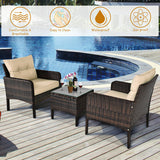 3 Pieces Outdoor Patio Rattan Conversation Set with Seat Cushions-Beige