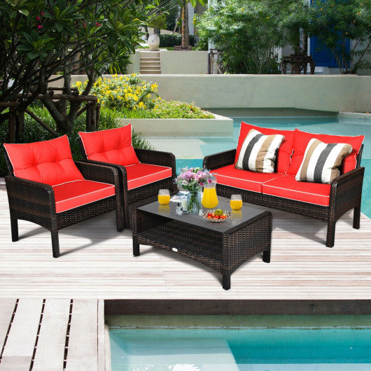 4 Pieces Outdoor Rattan Wicker Loveseat Furniture Set with Cushions-Red