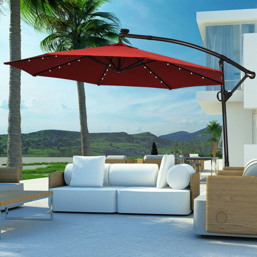 10 ft 360° Rotation Solar Powered LED Patio Offset Umbrella without Weight Base-Dark Red