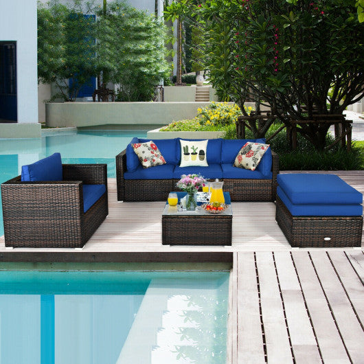 6 Pcs Patio Rattan Furniture Set with Sectional Cushion-Blue