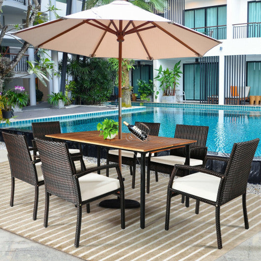 7PCS Patio Rattan Cushioned Dining Set with Umbrella Hole