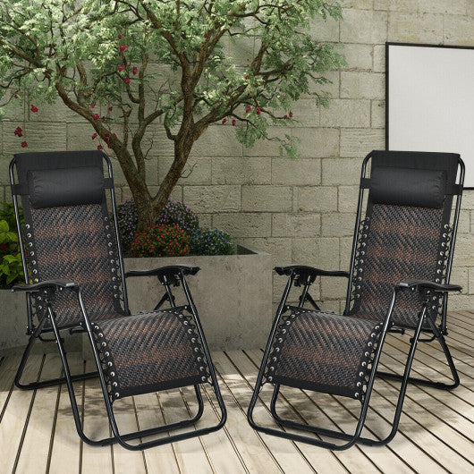 2 Pieces Folding Patio Rattan Zero Gravity Lounge Chair-Brown