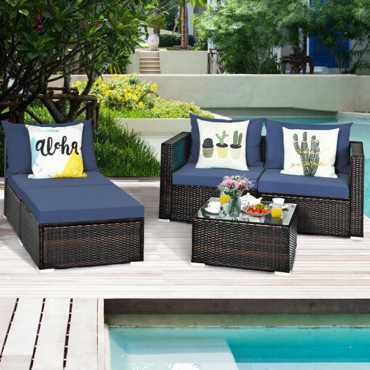 5 Pieces Patio Rattan Sectional Furniture Set with Cushions and Coffee Table -Navy