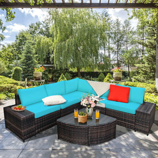 6 Piece Wicker Patio Sectional Sofa Set with Tempered Glass Coffee Table-Turquoise