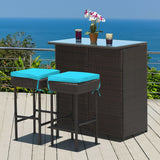 3PCS Patio Rattan Wicker Bar Table Stools Dining Set-Turquoise