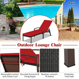 Patio Rattan Lounge Chaise Recliner with Back Adjustable Cushioned-Red