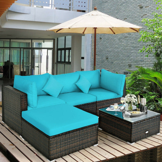 5 Pcs Outdoor Patio Rattan Furniture Set Sectional Conversation with Navy Cushions-Turquoise