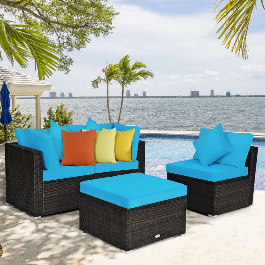 4 Pcs Ottoman Garden Deck Patio Rattan Wicker Furniture Set Cushioned Sofa-Turquoise