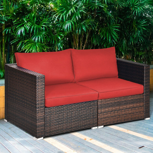 2PCS Patio Rattan Sectional Conversation Sofa Set-Red