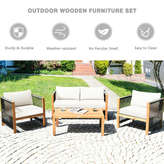 4 Pieces Acacia Wood Outdoor Patio Furniture Set with Cushions-White