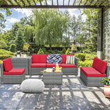 8 Piece Wicker Sofa Rattan Dinning Set Patio Furniture with Storage Table-Red