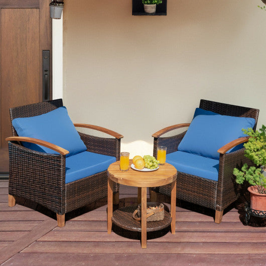 3 Pieces Patio Rattan Furniture Set with Washable Cushion and Acacia Wood Tabletop-Blue