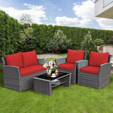 4 Pieces Patio Rattan Furniture Set Sofa Table with Storage Shelf Cushion-Red