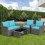 4 Pieces Patio Rattan Furniture Set Sofa Table with Storage Shelf Cushion-Turquoise