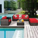 6 Pcs Patio Rattan Furniture Set with Sectional Cushion-Red