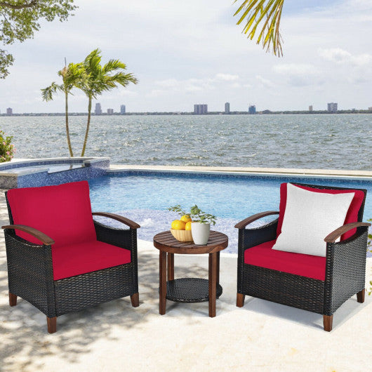 3 Pieces Patio Rattan Furniture Set with Washable Cushion and Acacia Wood Tabletop-Red