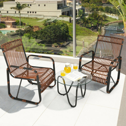 3 Pieces Patio Rattan Furniture Set with 2 Single Wicker Chairs and Glass Side Table