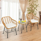 3 Pieces Rattan Furniture Set with Cushioned Chair Table-White