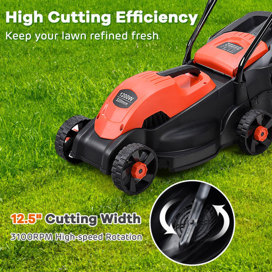 14 Inch Electric Push Lawn Corded Mower with Grass Bag-Red