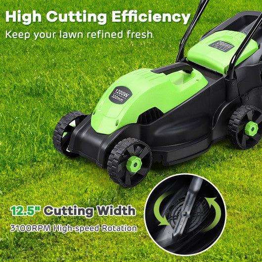 14 Inch Electric Push Lawn Corded Mower with Grass Bag-Green